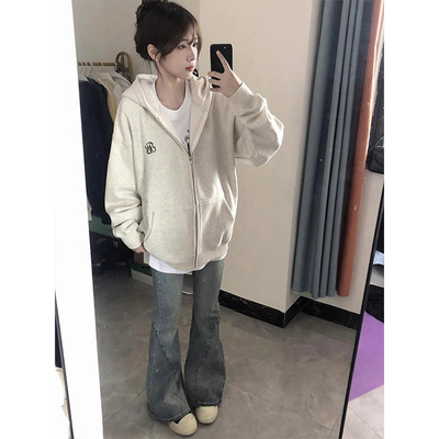 美式复古oversize灰色卫衣外套女