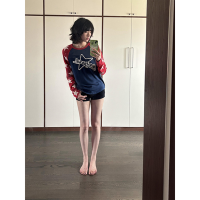 美式星星标语撞色插肩长袖t恤女