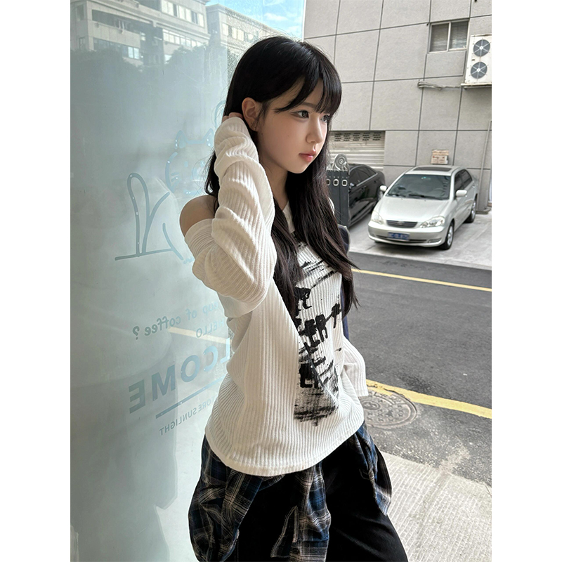 美式复古辣妹风斜肩长袖t恤女秋
