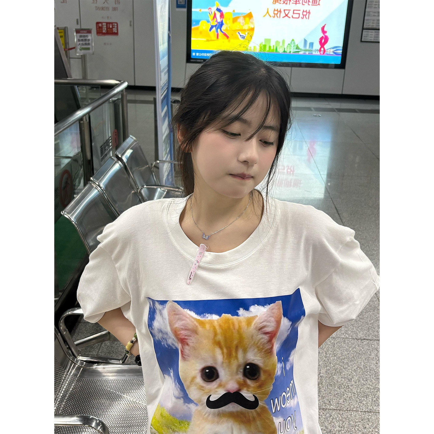 韩系可爱卡通胡子猫咪短袖t恤女夏季新款设计感小众宽松慵懒上衣