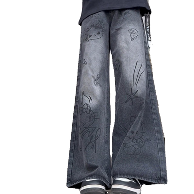 手绘涂鸦小个子黑色阔腿牛仔裤女