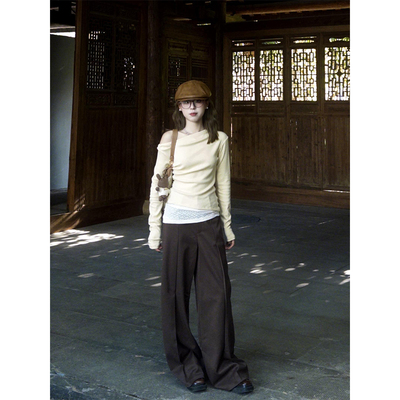 法式复古蕾丝拼接斜肩长袖t恤女