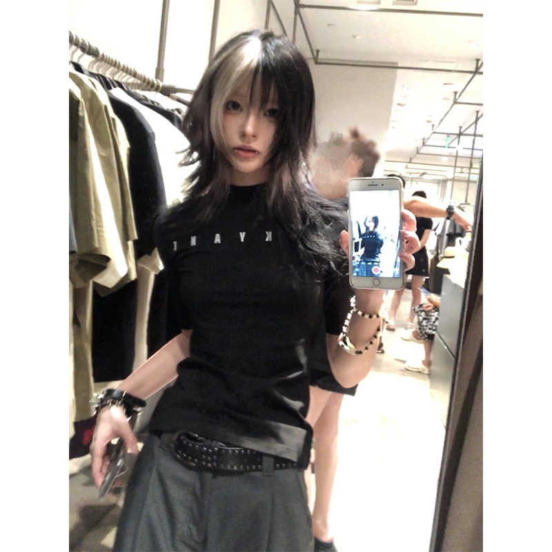 美式半高领五分袖正肩t恤女短袖
