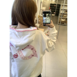 国潮牌碎花贴布刺绣白色连帽卫衣女秋冬宽松慵懒风设计感小众外套