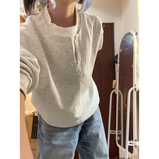 美式 套头上衣 白灰色拼接圆领假两件卫衣女秋冬加绒休闲宽松情侣装