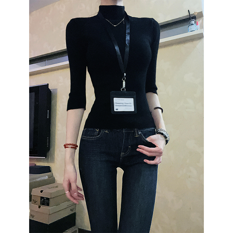 美式辣妹半高领内搭打底衫女早秋季修身显瘦七分袖t恤打底衫上衣