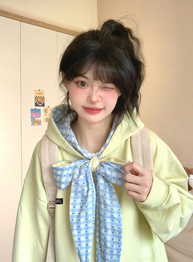 奶黄色撞色格纹蝴蝶领结连帽卫衣女秋冬季加绒加厚韩系慵懒风外套