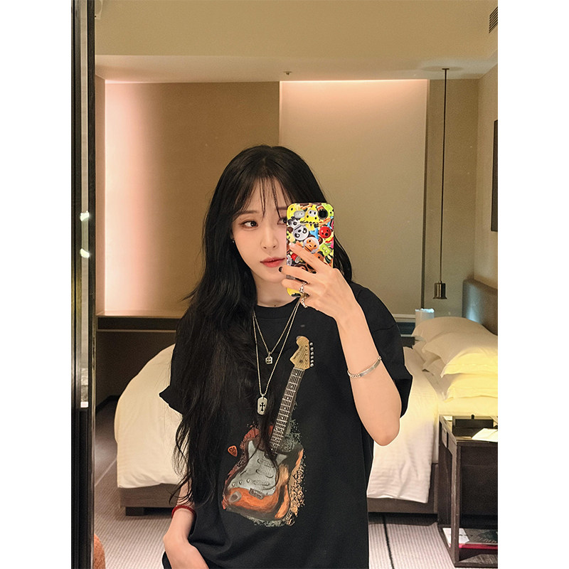 美式吉他印花黑色纯棉短袖t恤女夏季重磅宽松情侣潮牌高街ins上衣
