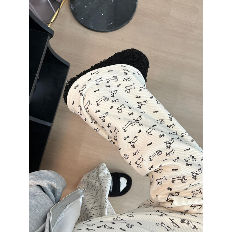 米白色卡通小狗糯米裤女秋冬加绒