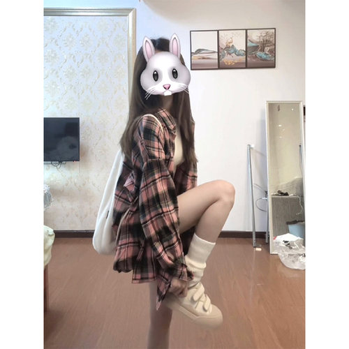 粉色格子衬衫外套女2025早春新款