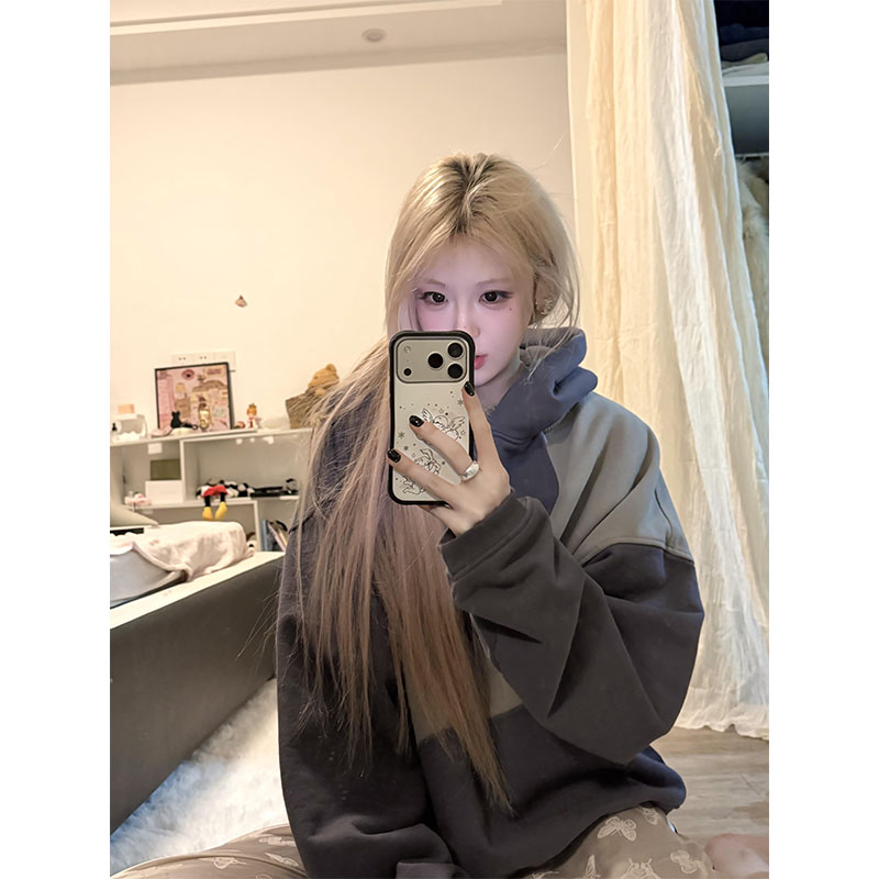 美式复古灰色波浪拼接连帽卫衣女