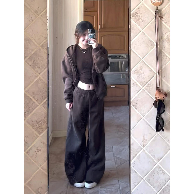 美式复古棕色连帽卫衣外套女冬季