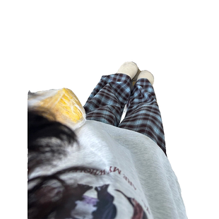 蓝色加绒格子裤女秋冬高腰直筒宽松小个子垂感显瘦休闲窄版阔腿裤