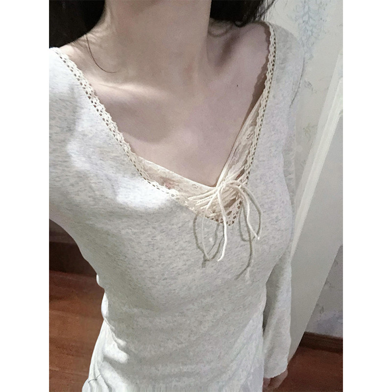 bm蕾丝花边系带低胸V领长袖t恤女