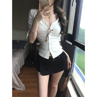 纯欲风性感V领白色polo衫 上衣 t恤女正肩收腰修身 气质辣妹掐腰衬衫
