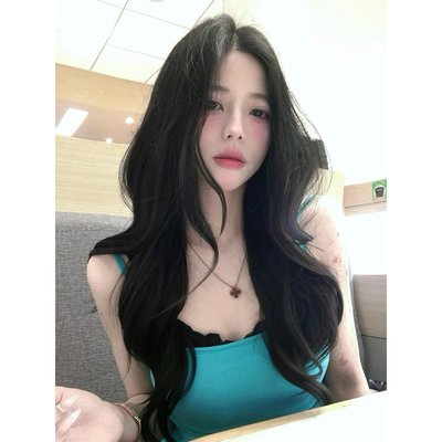松石绿蕾丝边假两件吊带背心女