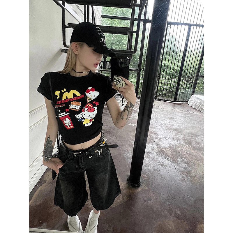美式复古kt猫黑色正肩短袖t恤女图片