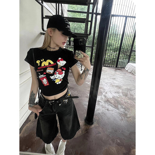 美式复古kt猫黑色正肩短袖t恤女