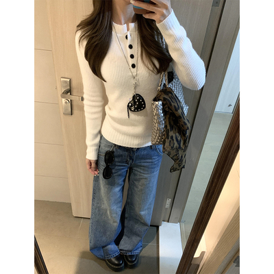 白色亨利领打底衫女秋冬修身内搭