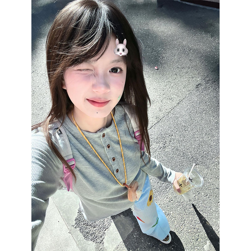 华夫格正肩修身长袖t恤女早秋季