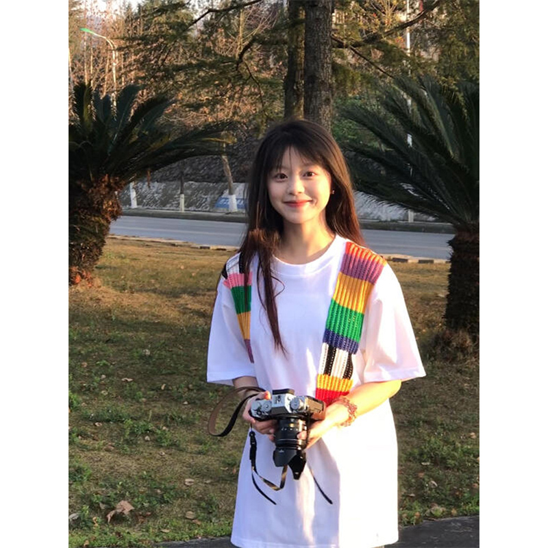 韩系小众撞色毛织拼接短袖t恤女