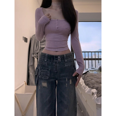 半开扣方领纯欲长袖t恤女春秋季