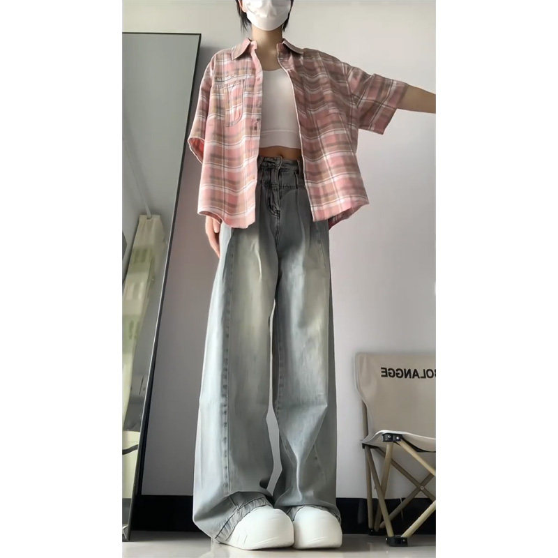 AMERICAN RETRO DRAPED JEANS WOMENS SPRING AND AUTUMN DESIGN HIGH-WAISTED THIN STRAIGHT LOOSE WIDE-LEG TROUSERS