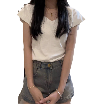 V领设计感小众纯欲风正肩短袖t恤