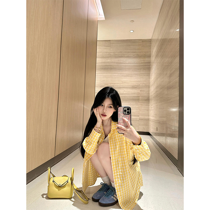 韩系chic黄色格子防晒衬衫女夏季