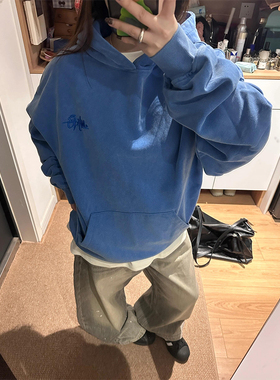 美式高街蓝色字母刺绣连帽卫衣女秋冬季2025新款加绒加厚情侣外套