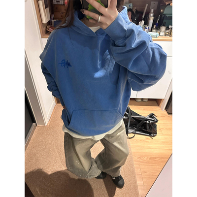 美式高街蓝色字母刺绣连帽卫衣女