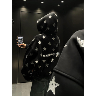 美式高街满印星星连帽卫衣女秋冬2025新款潮牌情侣宽松慵懒风外套