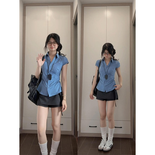 学院风辣妹掐腰短袖衬衫女夏季