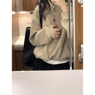 美式半拉链立领加厚加绒卫衣女秋冬宽松慵懒风高级感外套长袖上衣