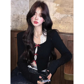 纯欲辣妹黑色蝴蝶结长袖 打底上衣 蕾丝内搭修身 t恤女秋季 2024新款