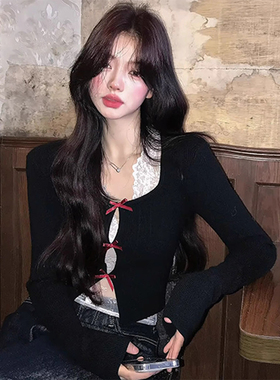 纯欲辣妹黑色蝴蝶结长袖t恤女秋季2024新款蕾丝内搭修身打底上衣