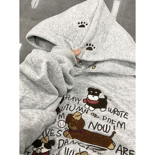 韩系可爱腊肠小狗刺绣连帽卫衣女2024秋冬季加绒加厚宽松百搭外套
