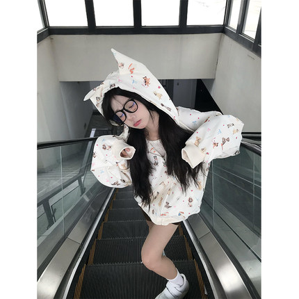 美式复古童趣小狗耳朵连帽卫衣女2025秋季新款慵懒风宽松开衫外套