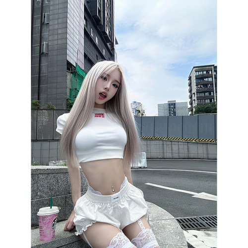 美式甜辣白色正肩短袖女t恤2026