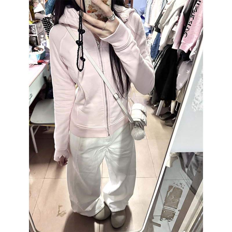 韩系粉色连帽修身收腰开衫外套女