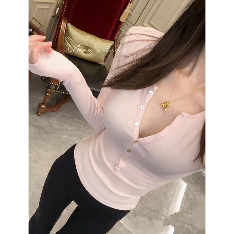 纯欲风辣妹半开领长袖t恤女春秋