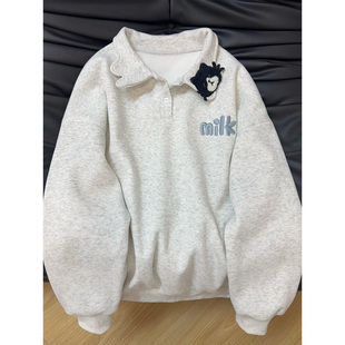 可爱猫咪刺绣polo翻领卫衣女秋冬季2025新款加绒加厚休闲宽松外套