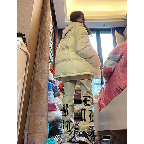 美式街头牛仔裤女水洗黄泥染潮牌