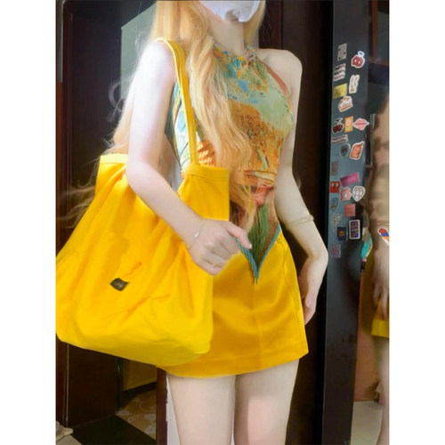 甜辣妹油画挂脖吊带小背心女夏季