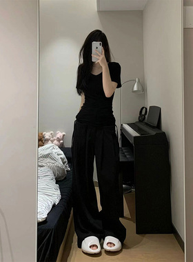 美式辣妹V领黑色短袖t恤女夏季纯棉正肩紧身修身显瘦内搭打底上衣