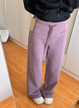 紫色香蕉弯刀加绒卫裤女秋冬新款宽松休闲直筒裤垂坠感拖地阔腿裤