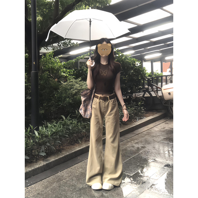 美式复古卡其色微喇牛仔裤女夏季
