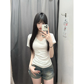 半袖 白色v领正肩纯棉短袖 上衣 纯欲辣妹修身 短款 t恤女夏季 2025新款