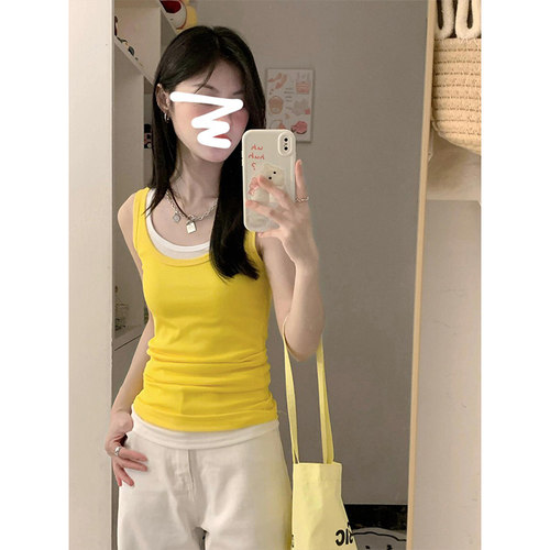 纯欲辣妹假两件黄色吊带背心女夏