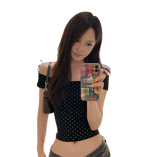 一字领波点短袖t恤女2024夏季新款纯欲辣妹修身显瘦露肩短款上衣